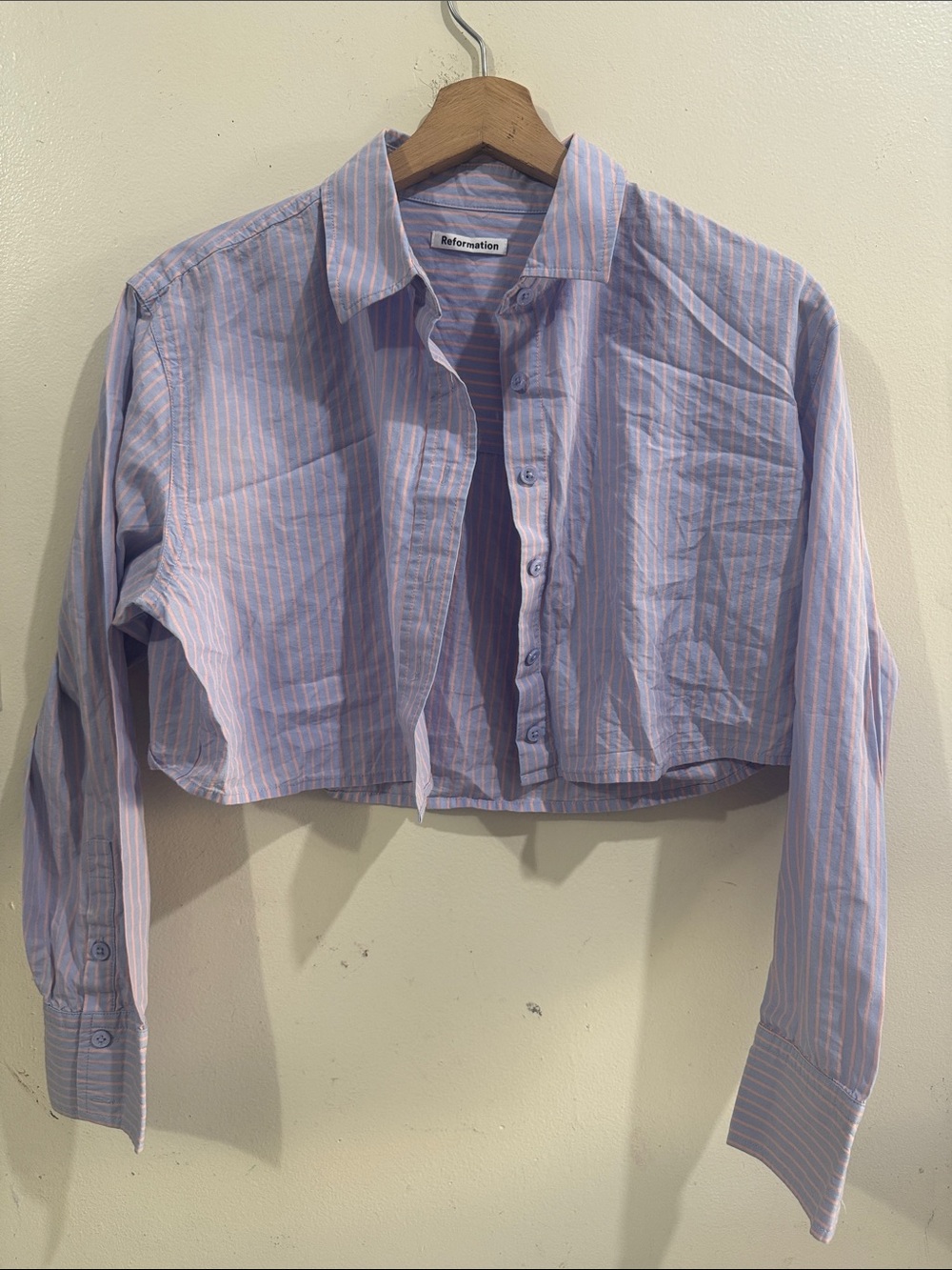 Reformation Lavender and White Striped Cropped Button-Down Shirt